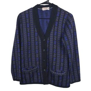 Vintage Knit Cardigan Blue Black Pattern Button Cottagecore Academia